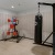 a gym with a black punching bag