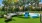 a group of chairs and a table in a yard with trees and a building in the background