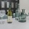 a table with bottles and glasses